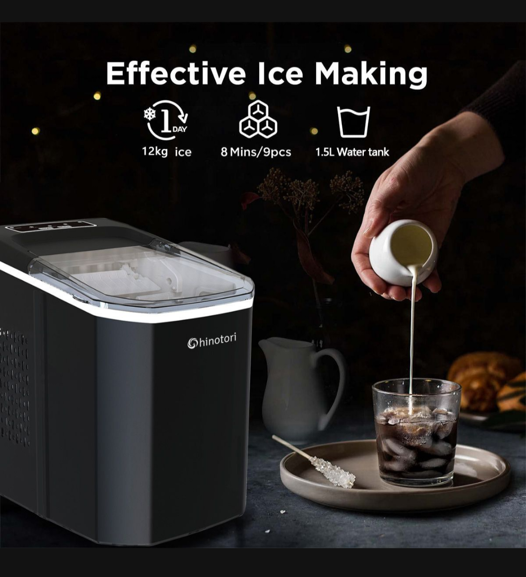 Counter-Top Ice-Maker 12kg Ice Maker Machine 8 Mins 9 Bullet Ice-Black